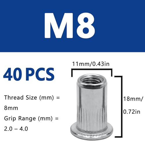 40Pcs M8 Rivet Nuts, 304 Stainless Steel Flat Head Rivnut Threaded Insert Nutsert - color: Silver, size: M8