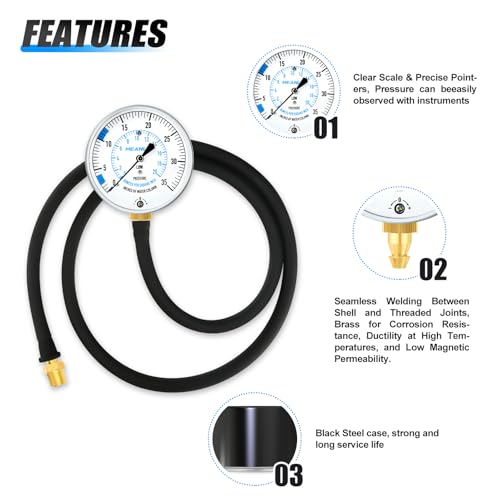 MEANLIN MEASURE 0-35” WC Manifold Gas Pressure Test Kit, Pressure Gauge Kit for Natural Gas or LP Gas with 40" Feet Hose, 1/8” NPT Fitting with Barbed Connection and Hex Bushing - style: 0-35” WC