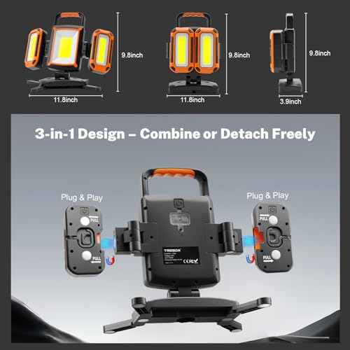 Tresda 3-in-1 Modular Rechargeable Work Light, 50W 5000LM Portable LED Work Lights with Detachable Dual Side Lights, 9 Modes, 360° Rotation, Magnetic Base & Hooks for Workshop Jobsite Repair Camping