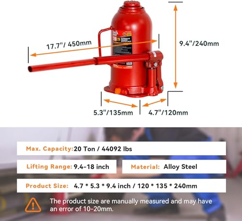 20 Ton Hydraulic Bottle Jack, 40,000 LBS Heavy Duty Welded Steel Auto Lift Jack with Adjustable Height, Overload Protection, Leak-Free Pump, for Truck, RV, Industrial and Garage Use, Red - color: Red