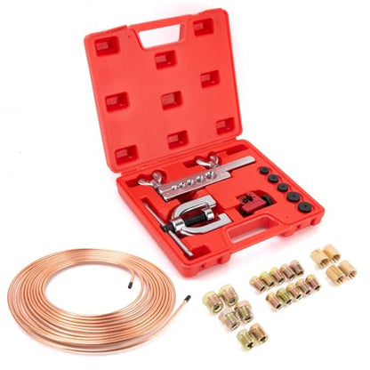 3/16" Brake Line Kit,25 ft 3/16 Copper Coated Brake Line Kit with 20 Fittings (4 Unions Included) + Double & Single Flaring Tool Kit, Rust & Corrosion Resistant for Automotive, Fuel,Hydraulic Systems