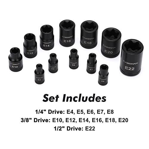 CASOMAN 25 Piece Torx Bit Socket and External Socket Set, 13 Star Socket Bits (T8- T60)& 12 Female E-Torx Sockets (E4-E22) - size: 25-Piece (T8-T60 & E4-E22)
