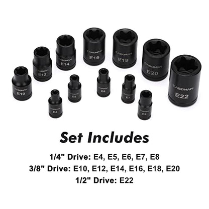CASOMAN 25 Piece Torx Bit Socket and External Socket Set, 13 Star Socket Bits (T8- T60)& 12 Female E-Torx Sockets (E4-E22) - size: 25-Piece (T8-T60 & E4-E22)