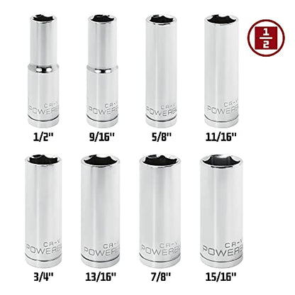 Powerbuilt 8 Piece 1/2 Inch Drive SAE 6 Point Deep Socket Set, Size 1/2-Inch to 15/16-Inch, Z-Drive Grips, Chrome Vanadium Steel made - 640056 - size: SAE (Pack of 1), style: 1/2" Drive