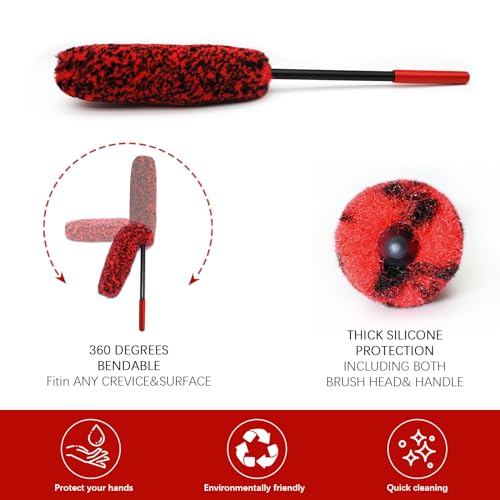 Wheel Brush Kit for Cleaning Wheel and Tire, 2 Soft Bendable Wheel Woolies Cleaning Brush, Stiff Tire Brush, Detailing Brush, Flexible&Durable Wheel Rim Cleaner Brush Set (Red)