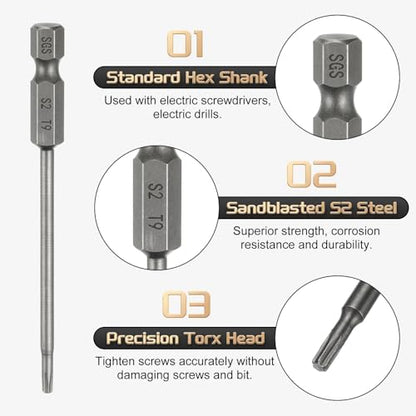 HARFINGTON 5pcs T9 Torx Head Screwdriver Bit 1/4" Hex Shank 3.15" (80mm) Long Magnetic No Hole Tip Tamper Proof 6 Point Star Screw Driver Drill Bits S2 Steel Industrial Power Screwdrivers - size: T9 x 3.15"(80mm)