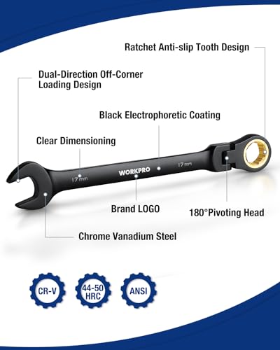WORKPRO Ratcheting Combination Wrench Set, 8-piece Flex-Head Anti-Slip Set Metric 8-17 mm, 72-Teeth, Cr-V Constructed, Black Electrophoretic Coating with Rolling Pouch - size: Metric, style: Anti-Slip Tooth