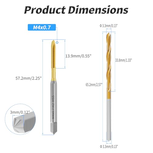 Tap and Drill Bit Set,M4x0.7 Tap+3.3mm Twist Drill,Titanium Coated | For M4x0.7 Thread Tapping and Drilling, Ti Coated Tap and Twist Drill Combo for Industrial Mechanics Metalworking - size: M4*0.7 + 3.3mm