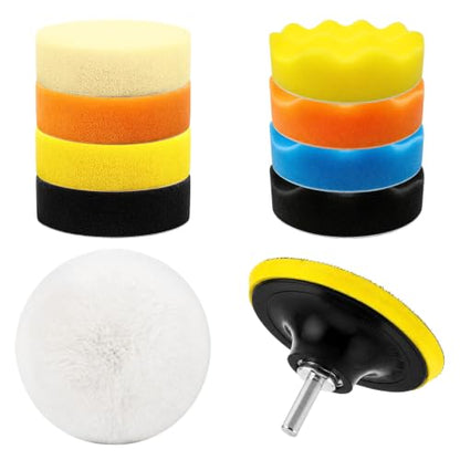 11 PCS Car Foam Polishing Pads Kit, 3 Inch Polisher Kit with Hook and Loop Backing Pads & M10 Drill Adapter, Sponge Pad Wool Buffing Pad Drill Polishing Set for Car Waxing - color: 11 PCS