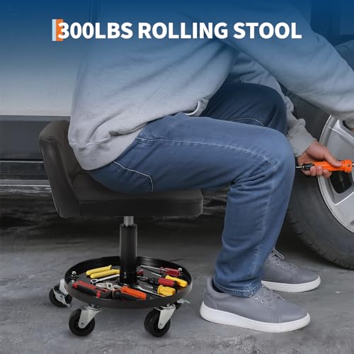 TrailBlaze Adjustable Rolling Mechanic Stool – 300 lbs Capacity, Ergonomic Padded Seat, Removable Magnetic Tool Tray, 3" Locking Swivel Casters – Repair Stool | Weight Capacity 300 lbs - color: Black, size: Basic