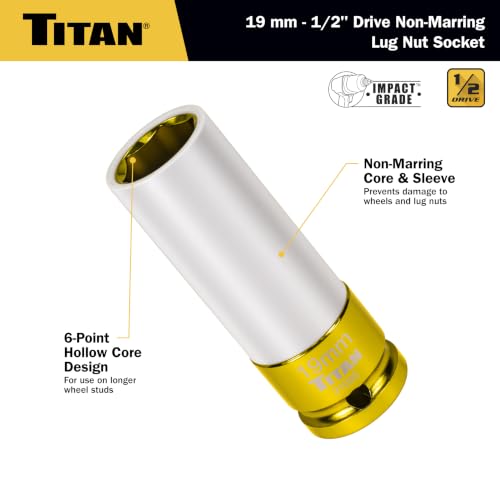 Titan 21092 1/2-Inch Drive x 19mm Non-marring Impact Deep Lug Nut Socket - size: 19mm