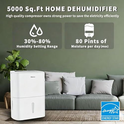 80 Pints Energy Star Dehumidifier with Drain Hose and WIFI for Large Spaces up to 5,000 Sq.Ft, Auto Defrost & Continuous Drainage - Ideal for Home Basements, Bathroom, and Bedroom - color: 5,000 Sq.Ft with WIFI