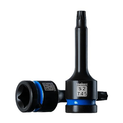 toolant 1/2-Inch Drive T45 Impact Torx Bit Sockets, 2-Piece | S2 steel one-piece sockets feature manganese phosphate coating, pin holes, and laser-etched markings - size: T45