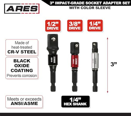ARES 22011-3-Piece 3-Inch Impact Grade Socket Adapter Set with Color Sleeve - Turns Power Drill into High Speed Nut Driver - 1/4-Inch, 3/8-Inch, and 1/2-Inch Drive - size: 3pc 3" Impact Grade Socket Adapter Set