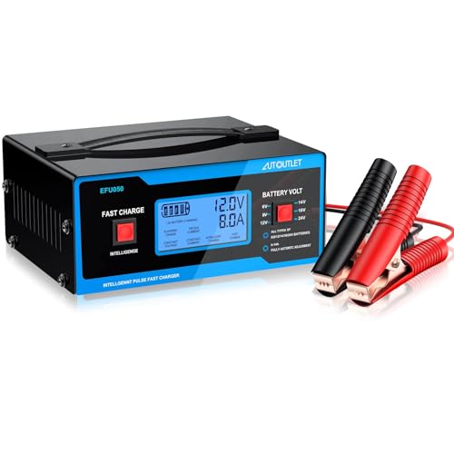 AUTOUTLET Upgraded 8 Volt Battery Charger for Golf Cart Automotive Battery Charger and Maintainer 0-14A with Cable Clamps for 6/8/12/14/16/24V Lead-Acid Batteries - color: Blue