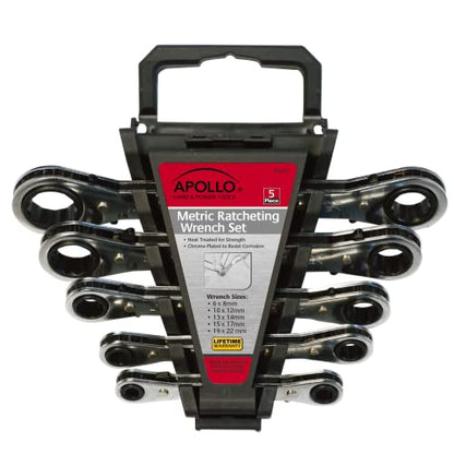 Apollo Tools 5 Piece Metric Steel Ratcheting Wrench Set includes 5 Ratcheting Wrenches in Quick Release Case for Trunk, Garage and on The Road - DT1213