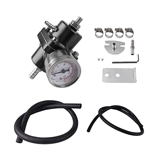 BARTOO Universal Adjustable Fuel Pressure Regulator Kit, Aluminum Fuel Regulator,Adjustable Gas Oil Injection Pressure Regulator with 0-140 PSI Gauge -Black - color: Black