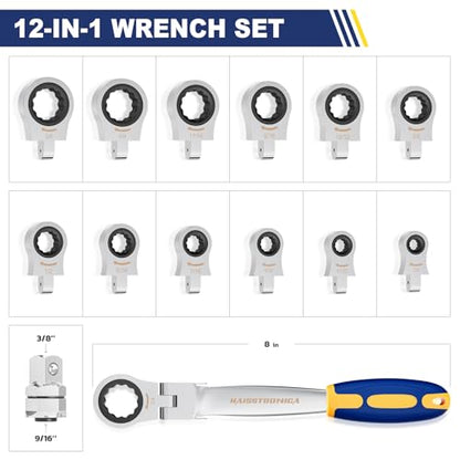 haisstronica 13pcs Flex-Head Ratcheting Combination Wrench Set with 3/8 in Adapter, SAE 1/4-3/4 inch Ratchet Wrench Tool for Auto, Tools for Men Gifts - size: SAE-12 in 1