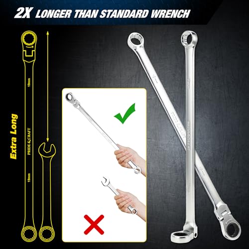 PRIDE&CRAFT Extra Long Ratcheting Wrench 19mm, Metric Flex Head Double Box End, 2X Longer Wrenches, Chrome Vanadium Steel with 90-Tooth Ratchet for Automotive Repair - size: 19mm