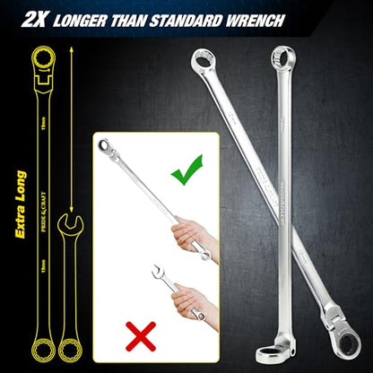 PRIDE&CRAFT Extra Long Ratcheting Wrench 19mm, Metric Flex Head Double Box End, 2X Longer Wrenches, Chrome Vanadium Steel with 90-Tooth Ratchet for Automotive Repair - size: 19mm