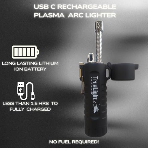 TrueLightEssentials Electric Rechargeable Plasma Lighter - Waterproof USB Arc Lighters with Flashlight LED Battery Indicator and Flexible Neck for Candle Survival Camping Emergency (Black, Long) - color: Black
