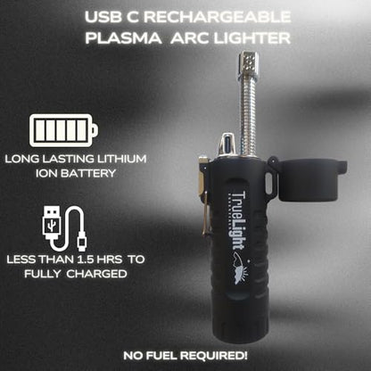 TrueLightEssentials Electric Rechargeable Plasma Lighter - Waterproof USB Arc Lighters with Flashlight LED Battery Indicator and Flexible Neck for Candle Survival Camping Emergency (Black, Long) - color: Black