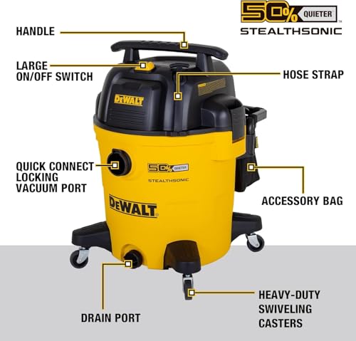 DEWALT 12 Gallon STEALTHSONIC Ultra Quiet Poly Wet Dry Vacuum, DXV12P-QTA Powerful Suction Noise Reduction Vac, 5.5 Peak HP Shop Vacuum for Jobsite/Workshop, Reduce Motor Noise - size: 12 Gallon