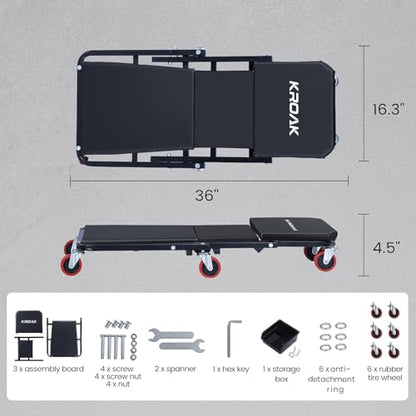 KROAK Creeper, 36 Inches 2 in 1 Z Creeper Seat 330 lbs Capacity Garage Chair Adjustable Rolling Folding Car Creeper with 6 pcs Wheels,Lay Down or Sit for Garage, Shop, Auto Repair Black - size: 36"