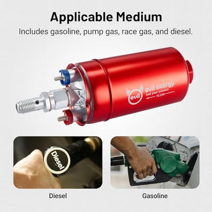 EVIL ENERGY External Inline Fuel Pump for 12V EFI System, 300LPH Flow | Compatible with Gasoline, Pump Gas, Race Gas, and Diesel, 10AN Inlet & 6AN Outlet, 60mm Bracket Included - color: Red
