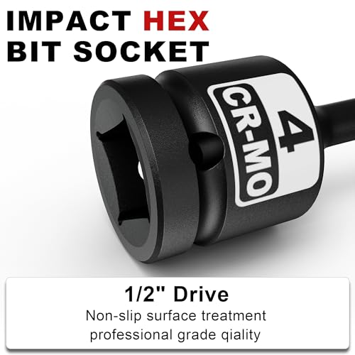 1/2" Drive 4 mm Hex Impact Bit Socket, H4 Allen Bit Socket, Metric, Cr-Mo Steel, Automotive Repair Industrial Maintenance and DIY Enthusiasts Alike - size: 1/2" H4 Deep