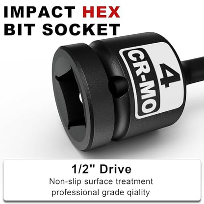 1/2" Drive 4 mm Hex Impact Bit Socket, H4 Allen Bit Socket, Metric, Cr-Mo Steel, Automotive Repair Industrial Maintenance and DIY Enthusiasts Alike - size: 1/2" H4 Deep