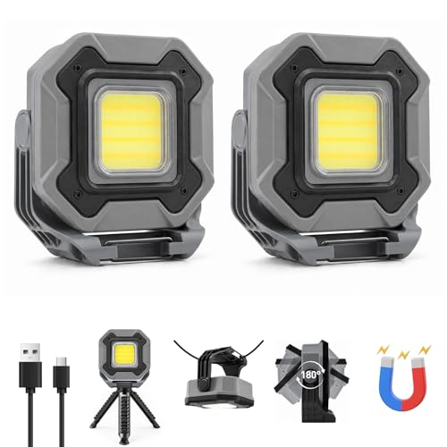 2-Pack 6000mAh Rechargeable LED Work Light, 16Hrs Long-Lasting 1200LM Waterproof Magnetic Job Site Lighting, 180° Rotating 4 Modes 6500K Work Lamp for Car Repair Mechanic Camping Fishing Emergency - color: Gray