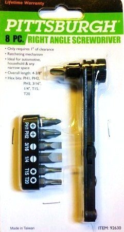 Pittsburgh - 8-pc Set ~ 1/4 Inch 90 Degree Ratchet - Hex Screwdriver Bit Set (Ratchets Forward and Reverse - 7 Hex Bits: Phillips #1, #2, #3 - Slotted 3/16 in, 1/4 in and Torx T15, T20, in a Holder)