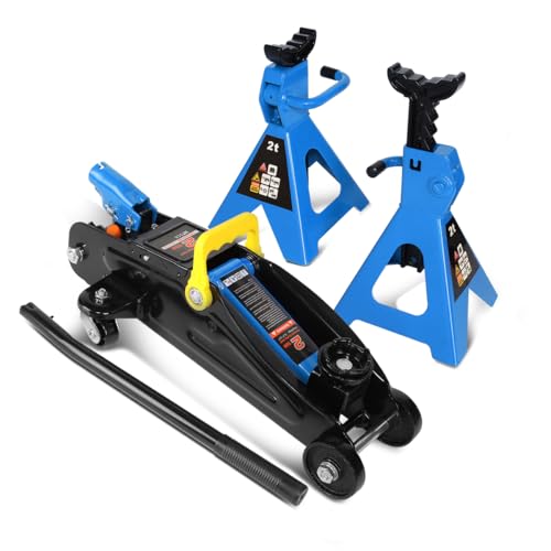 Auto Dynasty 2 Ton Floor Jack with Jack Stands, Heavy Duty Steel Hydraulic Racing Floor Jack with Single Piston Quick Lift Pump, Hydraulic Trolley Service Car Jack, Blue - color: Blue