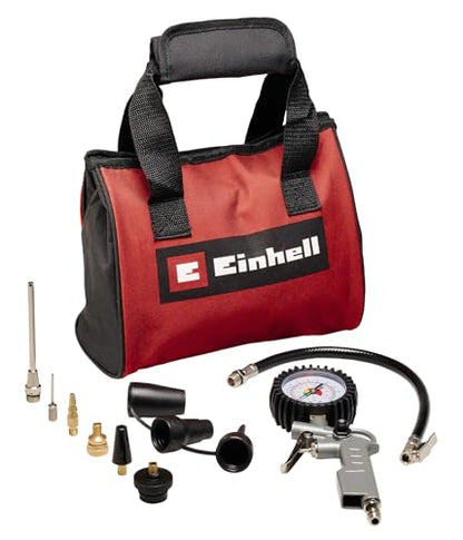 Original Einhell 10-Piece Compressed Air Set with Bag (Compressor Accessories, Includes 1x Adaptor Nozzle for Blow Gun, 1x Tyre Inflator Gauge, 8X Inflation Adapters with Accessory Bag)