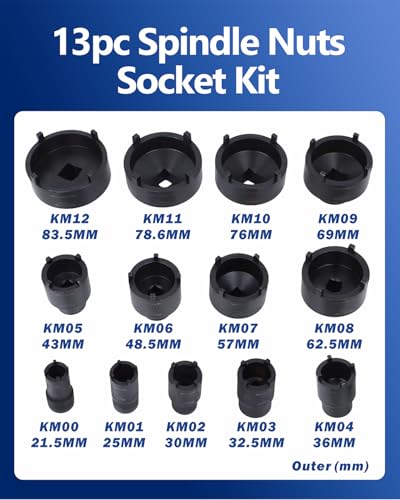 13pc Spindle Nuts Socket Kit Ball Joints Axle Locknut Remove Install Locking Hub Socket for KM Groove Nuts Compatible with GM Ford GMC and Dodge, 4 Teeth Exterior with 1/2'' Drive KM Socket - size: External Teeth