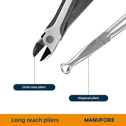 MANUFORE 5-Piece 11-Inch Long Reach Needle Nose Pliers Set for Tight Spaces | Straight, 45° & 90° Bent, Circle Nose and Diagonal, High Carbon Steel & CR-V, Comfort Grip for Better Control, Auto Repair - style: 5PCS