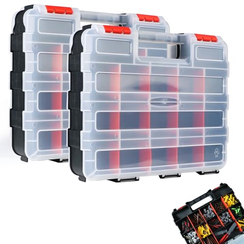 AMM Tool Box, Double Side Tool Box Organizer with 34 Compartments, Removable Dividers, Tackle Box Small Parts Screw Hardware Organizer for Screws, Nuts, Nails and Bolts (2 Piece, Red) - size: 2PC