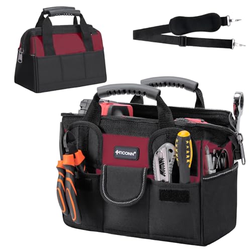 TICONN Heavy Duty Tool Bag with Multi-Pockets, Portable Tool Box Organizer Storage Bag, with Adjustable Shoulder Strap and Ergonomic Handle (Red, 12" Standard Base) - color: Red, size: 12" Standard Base