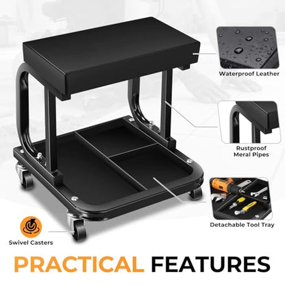 Auto Dynasty Rolling Mechanic Stool, Padded Shop Seat, w/Tool Tray, Black | Heavy Duty 250Lbs Capacity, Low Profile Rolling Shop Seat, with Tool Tray Storage for Garage, Workshop, Auto Repair