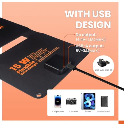 FlexSolar 15W Foldable Solar Panel Trickle Charger Maintainer Kits - 12V DC & USB Output with Built-in Controller Includes Cigarette Lighter, Alligator Clips, O-Rings,OBDII Connector for Car, Truck - color: TC-15W