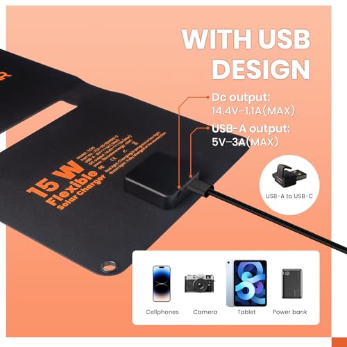 FlexSolar 15W Foldable Solar Panel Trickle Charger Maintainer Kits - 12V DC & USB Output with Built-in Controller Includes Cigarette Lighter, Alligator Clips, O-Rings,OBDII Connector for Car, Truck - color: TC-15W