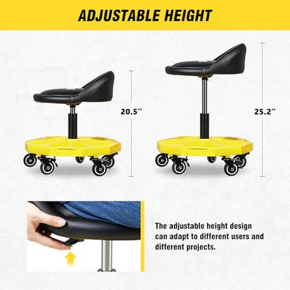 DNA Motoring 350 LBS Rolling Garage Stool, 20.5'' to 25.2'' Adjustable Height Foam-pad Seat, Round Tools Stool, Heavy Duty 3'' Wheels with 2 Brakes, TOOLS-00431 - color: Yellow