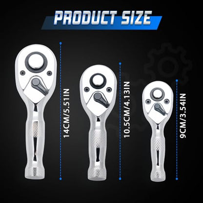 1/4" 3/8" 1/2" Stubby Drive Ratchet Set,Mini Ratchet Wrench Set,Small Socket Wrench,72-Tooth Quick Release,Reversible Durable Chrome Alloy Made, Fashionable Thread Design, Fully Polished - size: 1/4-inch+3/8-inch+1/2-inch Set, style: Stubby-Metal handle