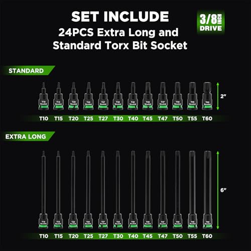 TecoTek 3/8" Drive Impact Torx Bit Socket Set, Extra Long Torx Socket, S2 Alloy Steel Star Bit Sockets, 24PCS Star Bit Set, T10-T60, 2in & 6in Long, CR-V & S2 Alloy Steel Set, Enhanced Storage Case - size: Torx Bit Socket