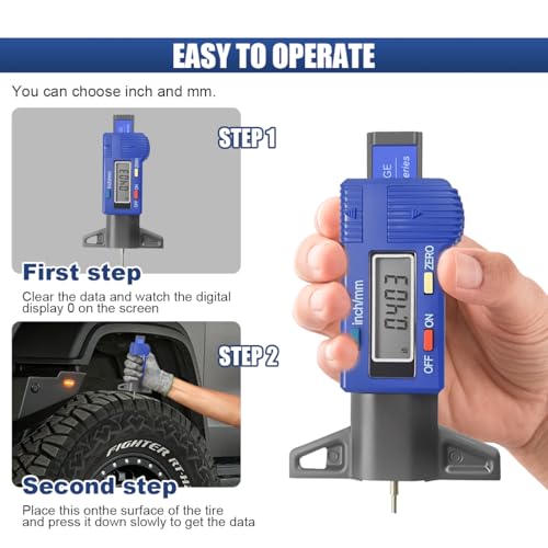 Digital Tire Tread Depth Gauge, Portable 0.01mm Resolution Vehicle Tire Wear Checker with LCD Display & Inch/MM Conversion, Universal Auto Measuring Tool for Car Truck Tires (Blue) - color: Blue