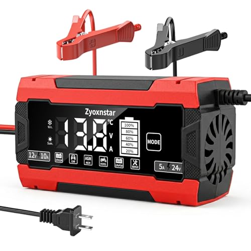 Battery Charger 10 AMP, 12V/24V LiFePO4 Lead Acid Car Battery Pulse Repair Charger, Smart 10-Stage Maintainer & Trickle Charger w/Temp Compensation