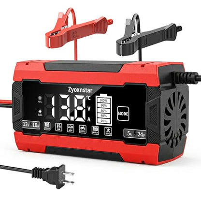 Battery Charger 10 AMP, 12V/24V LiFePO4 Lead Acid Car Battery Pulse Repair Charger, Smart 10-Stage Maintainer & Trickle Charger w/Temp Compensation