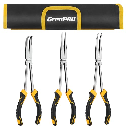 GRENPRO 3PC Needle Nose Pliers, Suitable for Use in Confined Spaces | Includes Straight Long Reach Pliers, CR-V Steel Needle Nose Plier, 45/90 Degree Bent Nose Pliers
