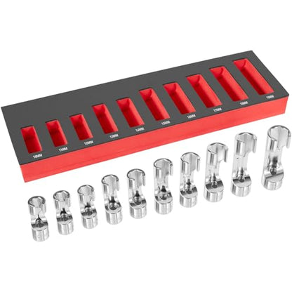 12030 Flare Nut Socket Set, 3/8" Square Drive Diesel Injector Fuel Line Socket Wrench Set, 10mm-19mm (10PCS)